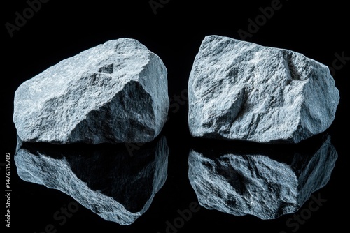 Two gray rocks reflecting on a black surface studio shot close up minimalist geology mineralogy stone