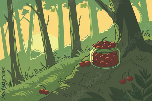 36 vibrant, lush, sun-dappled forest, glass jar filled with ripe, juicy cherries, rocky outcrop, golden hour lighting, depth of field, detailed, photorealistic
