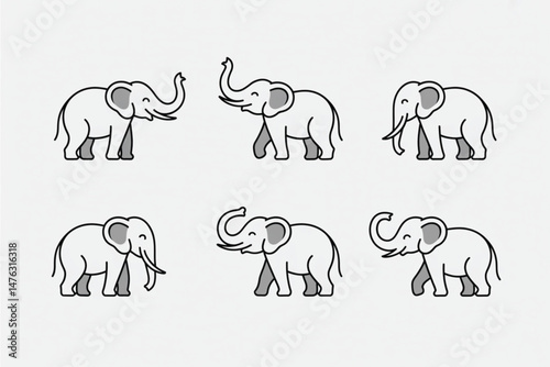 Cartoon Elephant Set Illustration: Cute Animal Icons with Black Outline and Gray Accents on White Background, Mascot Design.