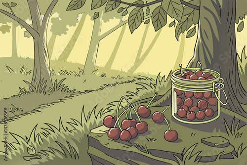 36 vibrant, lush, sun-dappled forest, glass jar filled with ripe, juicy cherries, rocky outcrop, golden hour lighting, depth of field, detailed, photorealistic