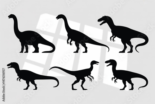Set of Black Dinosaur Silhouettes on White Background with Window Shadow Effect - Vector Illustration.