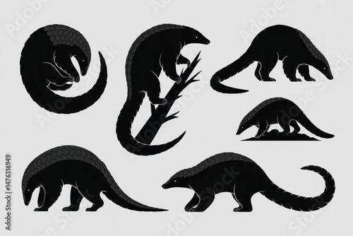 Pangolin Silhouettes Vector Set: Scaly Anteaters in Various Poses, Wildlife Illustration for Conservation and Design.