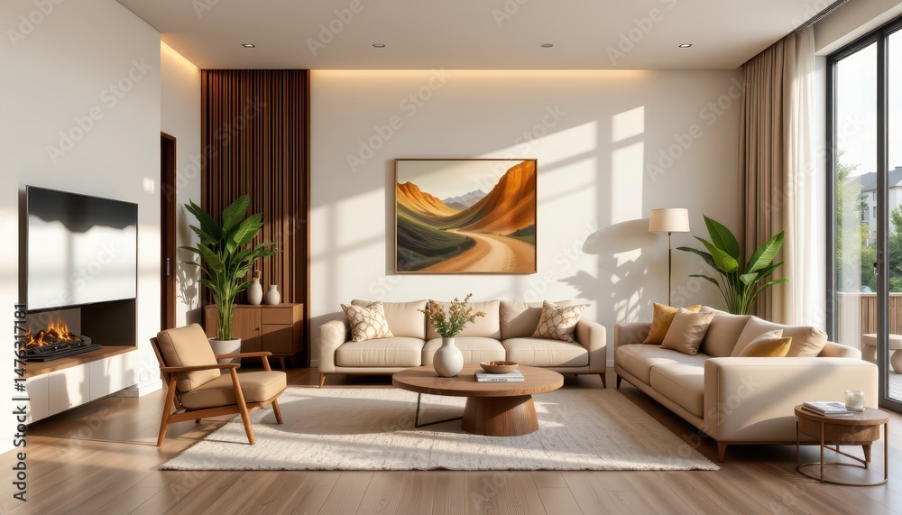 Fototapeta premium Modern Cozy Living Room with Elegant Decor and Natural Light Emphasizing Earthy Tones and Minimalist Design