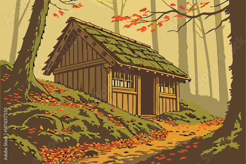37 detailed wooden hut surrounded by moss and fallen autumn leaves, in a dense forest with warm, glowing lighting, highly detailed, realistic, cinematic, award winning photography