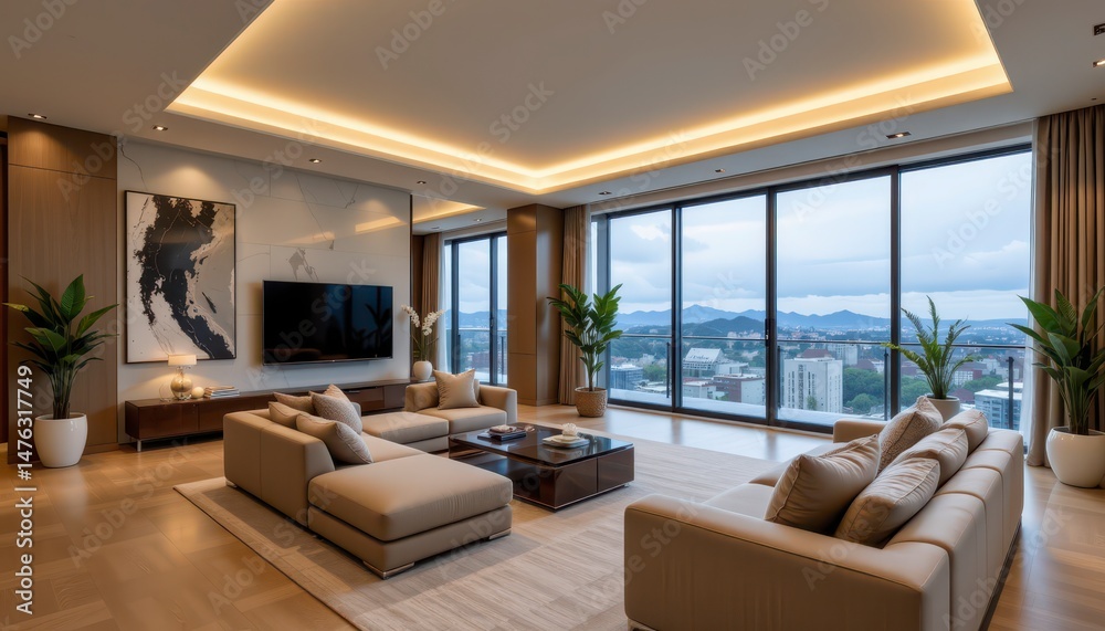 Fototapeta premium Modern luxury living room with large windows and city skyline view