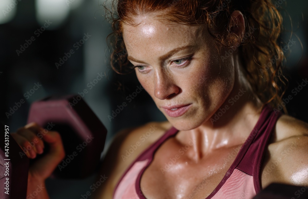 Fototapeta premium Determined sportswoman lifting dumbbells during intense workout session