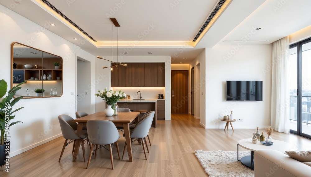 Modern and Bright Living Room with Dining Area and Kitchen in Contemporary Apartment Design Modern and Bright Living Room with Dining Area and Kitchen in Contemporary Apartment Design