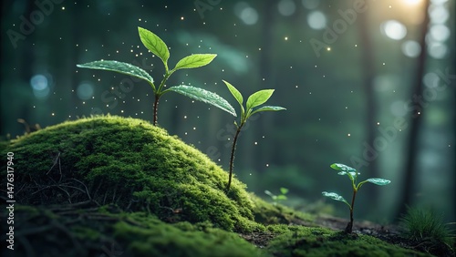 Three Small Sprouts in a Mossy Forest, Symbolizing Hope and New Life