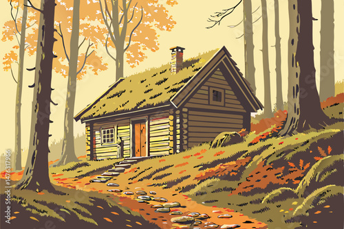 37 detailed wooden hut surrounded by moss and fallen autumn leaves, in a dense forest with warm, glowing lighting, highly detailed, realistic, cinematic, award winning photography