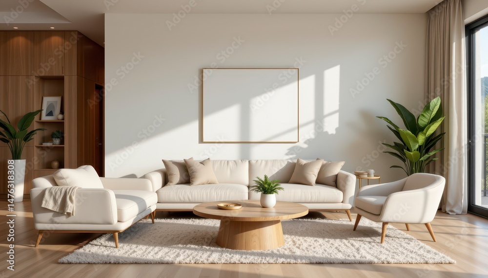 Bright and Modern Living Room with Cozy Sofa, Minimalist Aesthetics, and Natural Light Inviting Atmosphere Bright and Modern Living Room with Cozy Sofa, Minimalist Aesthetics, and Natural Light Inviting Atmosphere