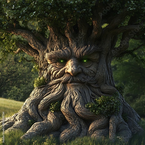 A tree with the face of an old man carved into its trunk with many arms and legs growing out from behind it reaching up to grasp the leaves on the branches above It is set in the English countryside