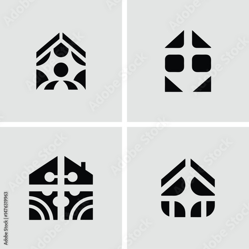 Four modern and abstract house logos in black and white on a light gray background