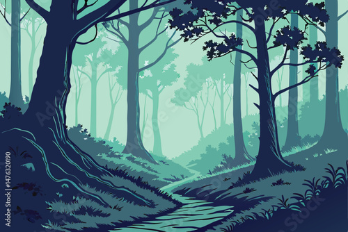 38 dark mysterious enchanted forest, tall trees with lush foliage, ethereal mist and fog, atmospheric lighting, vibrant colors, detailed landscape, cinematic composition, digital art