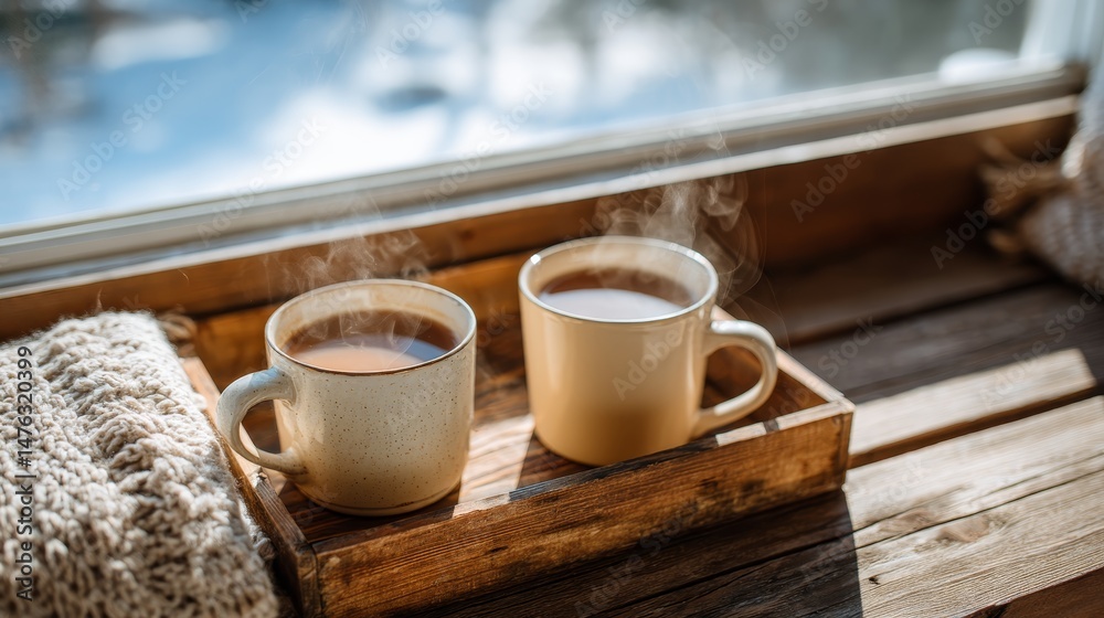 Fototapeta premium Two steaming tea mugs rest on a wooden tray beside a warm fire, with soft autumn light filtering through the window, creating a cozy atmosphere