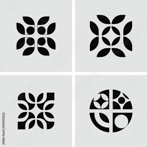 Geometric abstract designs in black with leaf and circle shapes on a gray background