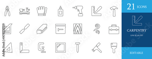 Carpentry line icon set featuring tools, equipment, and woodworking elements. Perfect for construction, DIY, handyman, or furniture-related projects. Clean, minimal, editable stroke style