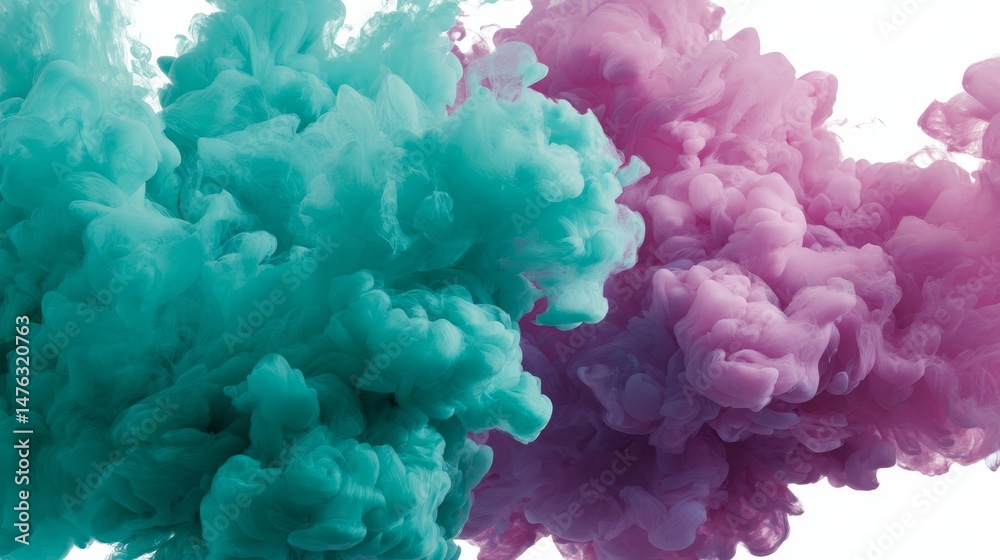 Fototapeta premium Turquoise and magenta ink clouds swirl dynamically in clear water, merging to create an abstract, colorful visual ideal for artistic backgrounds