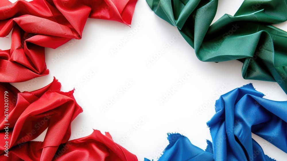 Colorful Red, Green, and Blue Fabric Swatches Frame On White Background