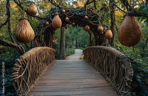 A wooden bridge made of vines and macrame surrounded by hanging egg-shaped gourds leading to an ancient garden with towering trees 