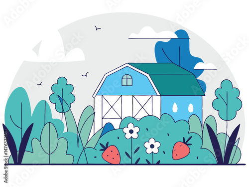 rustic farmhouse, barn, red, pastoral, countryside, rolling hills, meadows, flowers, nature, stylized, minimal, flat design, vector illustration
