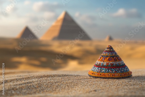 Ornate cone hat sits in desert sand before pyramids