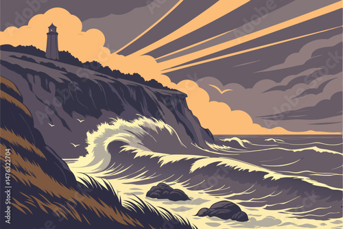 39 dramatic stormy ocean waves crashing against rocky cliffs at sunset, dramatic and cinematic lighting, moody and atmospheric, detailed dramatic sky with clouds and rays of light, painterly detailed 