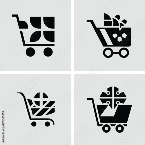 Set of four shopping cart icons in various styles illustrating online shopping concepts