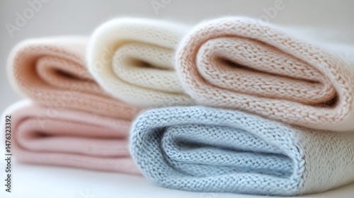 Stacked soft knitted blankets in pastel hues.