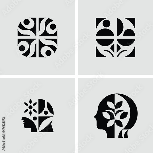 Abstract black and white modern design elements representing human mind and nature