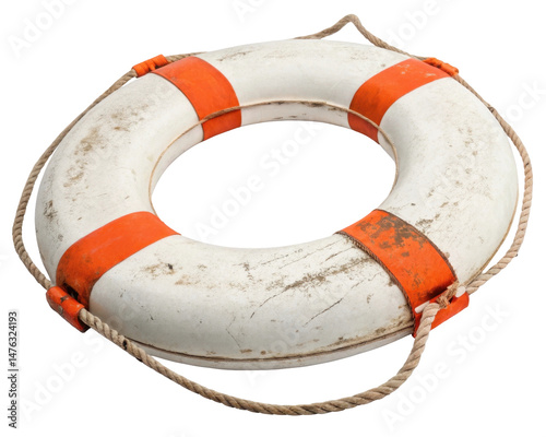Weathered Lifebuoy Ring with Orange Stripes on Transparent Background for Marine Safety Equipment