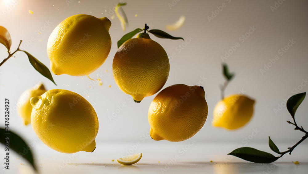 Fresh yellow lemons suspended in the air, illustrating a zero-gravity effect for a surreal food concept image