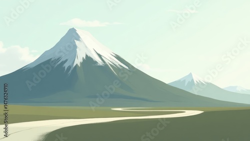 Serene Mountain Landscape Winding Road Snow Capped Peaks Tranquil Vista