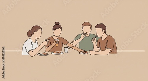 People Eating Together at Table Line Art Illustration