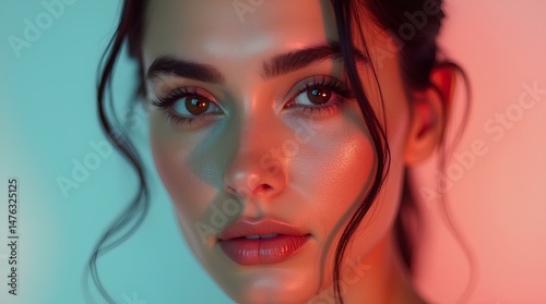 Close-up of the face of a beautiful young woman with expressive brown eyes and perfect skin on a background of double lighting, pink and turquoise with space for text
