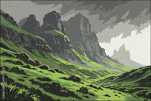 40 dramatic landscape, vast mountainous terrain with towering peaks, turbulent stormy atmosphere, swirling mist and fog, lush green grass and vegetation, dynamic lighting and mood, cinematic, highly d