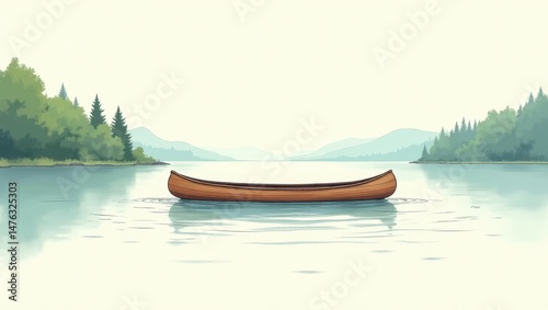 Serene Wooden Canoe on Calm Lake Mountain View Nature Scene