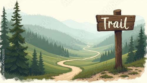 Scenic Mountain Trail Winding Through Lush Green Valley with Wooden Signpost