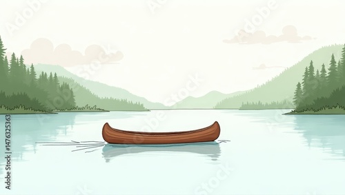 Serene Canoe on Calm Lake Surrounded by Lush Green Mountains and Forests