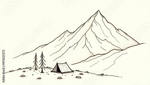 Serene Mountain Landscape Minimalist Line Art Drawing of Tent Trees and Majestic Peak