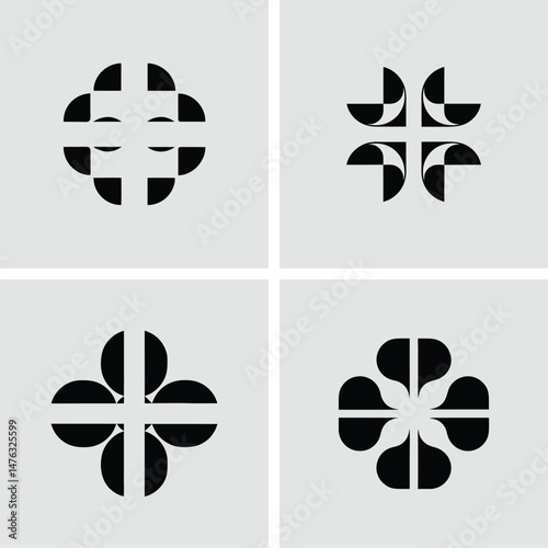 Abstract geometric shapes in black and white arranged in a harmonious square layout