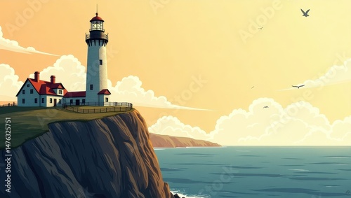 Coastal Lighthouse on Clifftop at Sunset Ocean View Dramatic Seascape Illustration