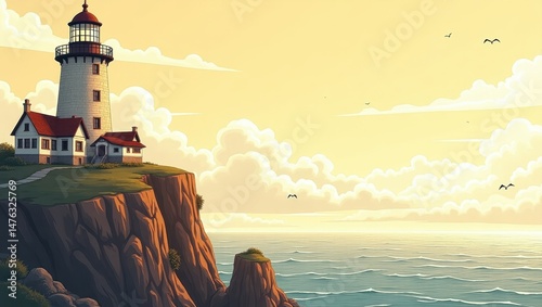 Serene Coastal Lighthouse at Sunset Cliffside Beacon Ocean View Dramatic Sky