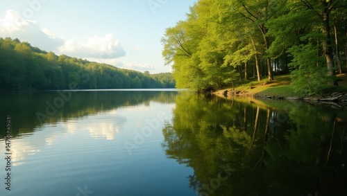 Serene Lakeside Scene Tranquil Water Reflecting Lush Green Trees and Sky