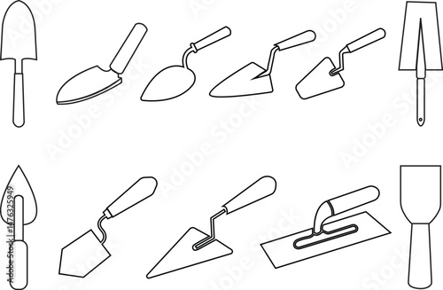 Trowel icons set in trendy black outline designs. Putty knife illustration signs. Spatula symbols or logos. Construction equipment, brick tool and cement silhouette isolated on transparent background.