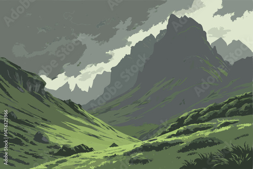40 dramatic landscape, vast mountainous terrain with towering peaks, turbulent stormy atmosphere, swirling mist and fog, lush green grass and vegetation, dynamic lighting and mood, cinematic, highly d