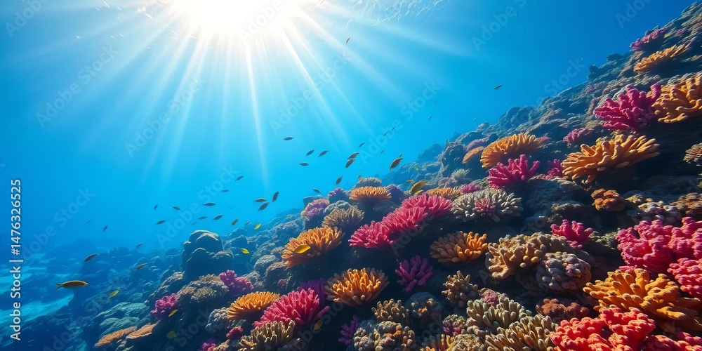 Naklejka premium Sunbeams illuminate vibrant coral reef teeming with tropical fish, marine life, sun