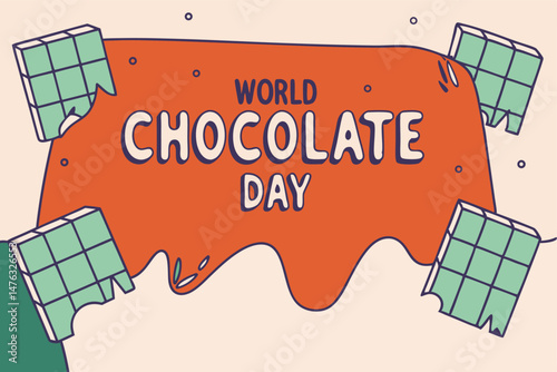 Colorful illustration celebrating world chocolate day featuring chocolate bars and playful design elements.