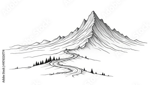 Winding Mountain Road Black and White Line Art Illustration Scenic Landscape Nature