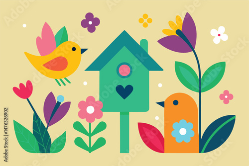 Colorful illustration of birds birdhouse and flowers in a simplified and playful springtime design