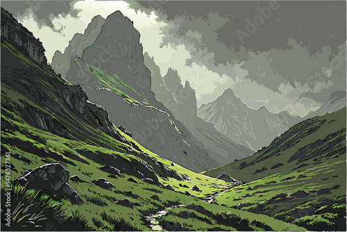 40 dramatic landscape, vast mountainous terrain with towering peaks, turbulent stormy atmosphere, swirling mist and fog, lush green grass and vegetation, dynamic lighting and mood, cinematic, highly d